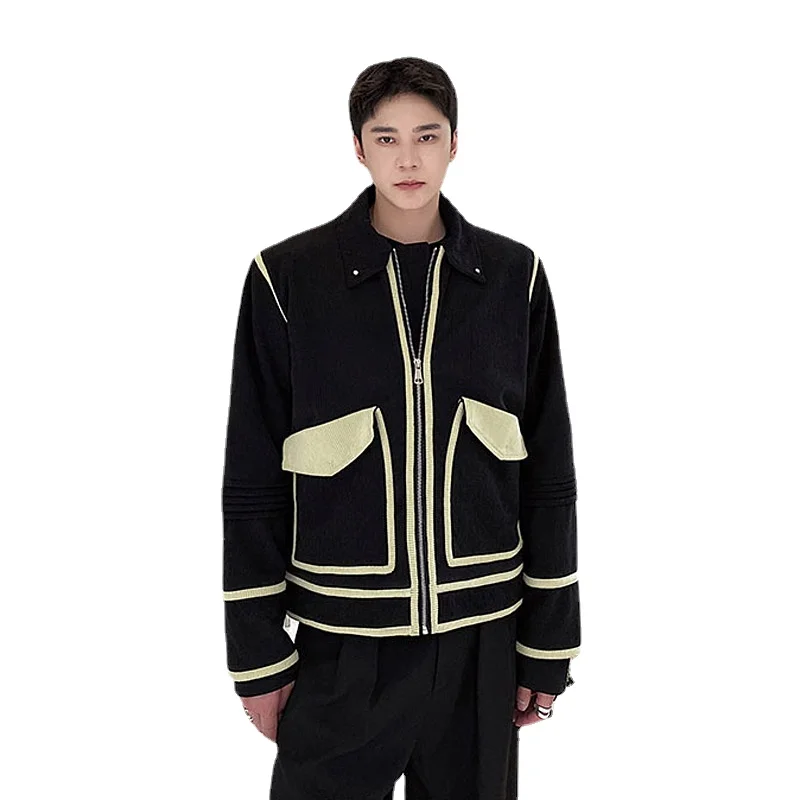 Men Corduroy Splice Stripe Lapel Loose Casual Vintage Fashion Short Jacket Overcoat Male Japan Korean Streetwear Coat Outerwear
