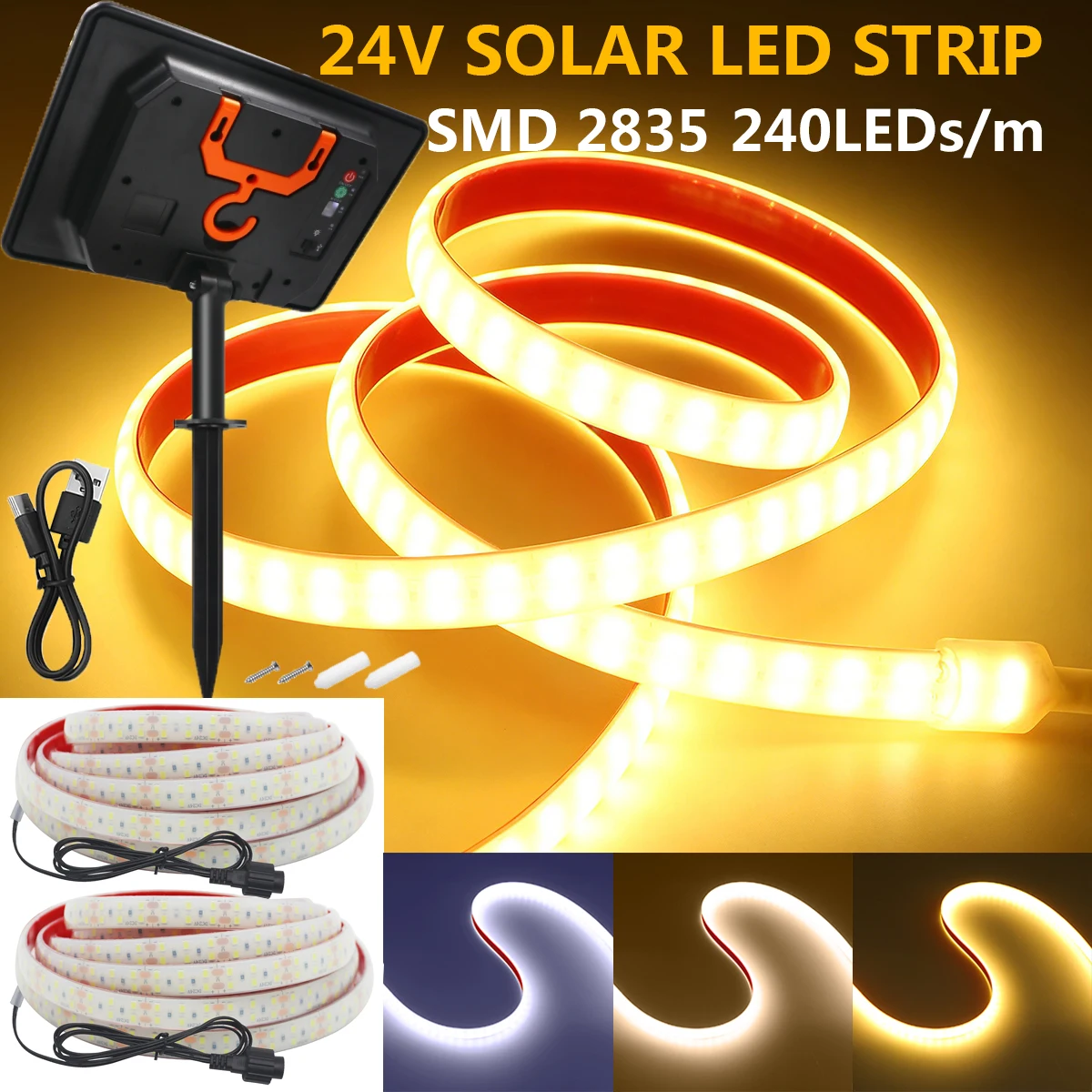 Фото Светодиодная лента Solar 2 Rows 2835, 24В, водонепроницаемая IP68, теплый/нейтральный белый свет, 240 светодиодов/м, гибкая, для наружного и домашнего освещения, яркая линейная подсветка, декор. №1