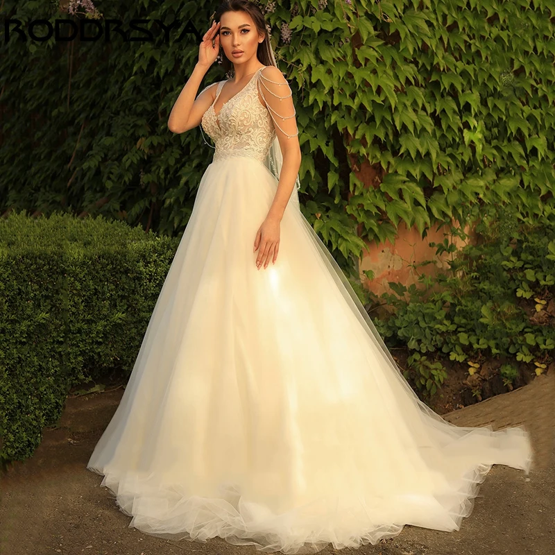 

RODDRSYA Sexy V-Neck Backless Wedding Dress Romantic Lace Tulle Appliques Bride Party Elegant A-line Sleeveless Robe De Soirée