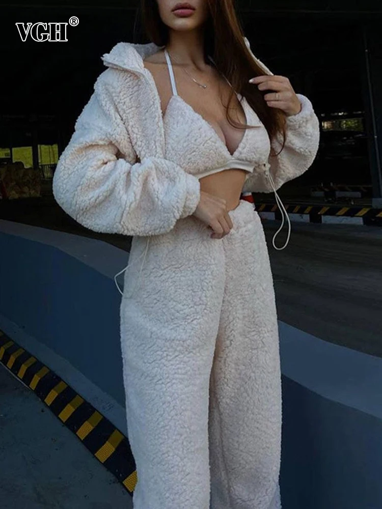 

VGH Streetwear Three Piece Sets For Women Stand Collar Long Sleeve Coat With Slim Tank Tops High Waist Wide Leg Pants Solid Set