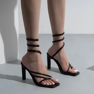 Summer Women Sandals 2022 Sexy One Strap Vintage Square Toe High Heels Cross Strap Thong Sandals Wom