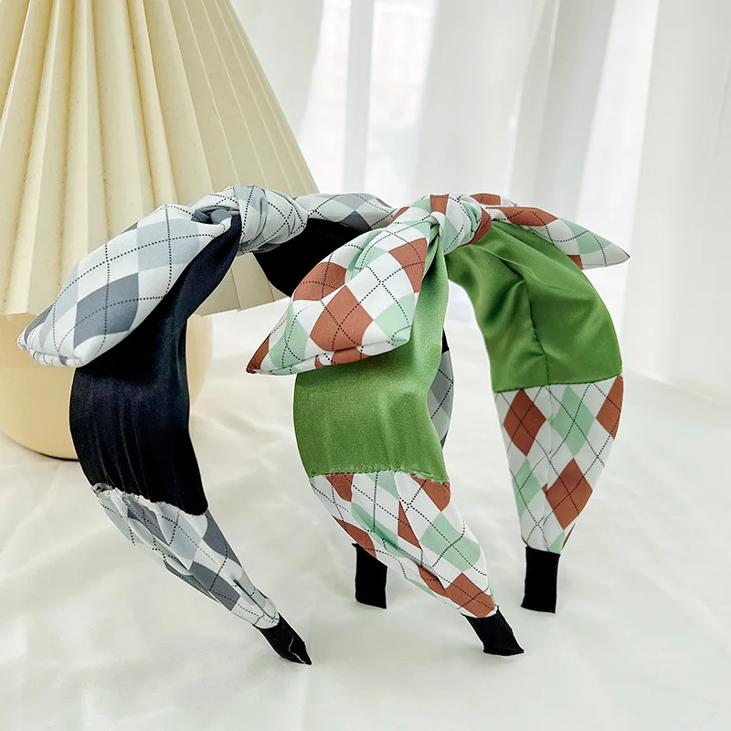 

Повязка на голову женская клетчатая, милый обруч с бантом, в Корейском стиле, для мытья лица, для китайского Нового года