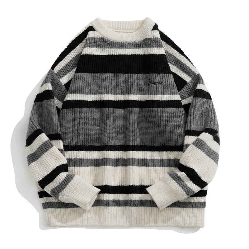 Men's Sweater Men's 2022 Autumn and Winter New Color Contrast Stripe Embroidery Knitwear