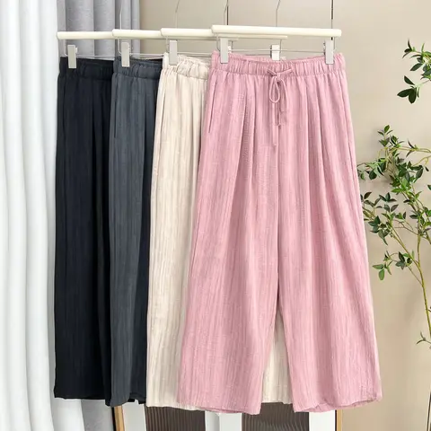 Новые летние широкие брюки больших размеров, женская одежда, 100 кг, простые и тонкие прямые повседневные длинные брюки из ледяного шелка 8579