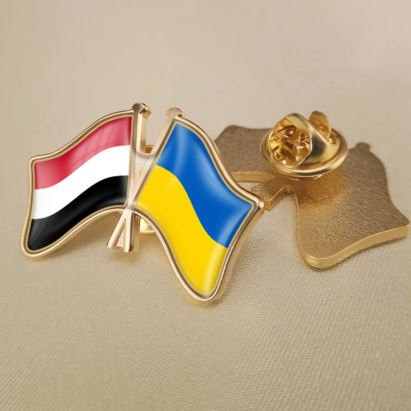 

Yemen and Ukraine Crossed Double Friendship Flags Lapel Pins Brooch Badges