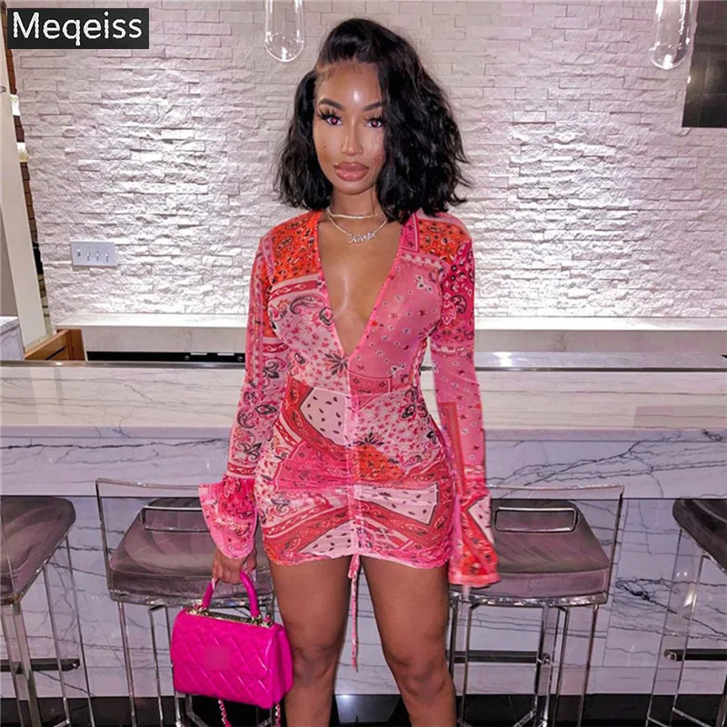 

Meqeiss Summer Sexy Retro Print Neon Dress Women's V-neck Long Sleeve Fashion Clothing Casual Party Bodycon Mini Dress 2021 New