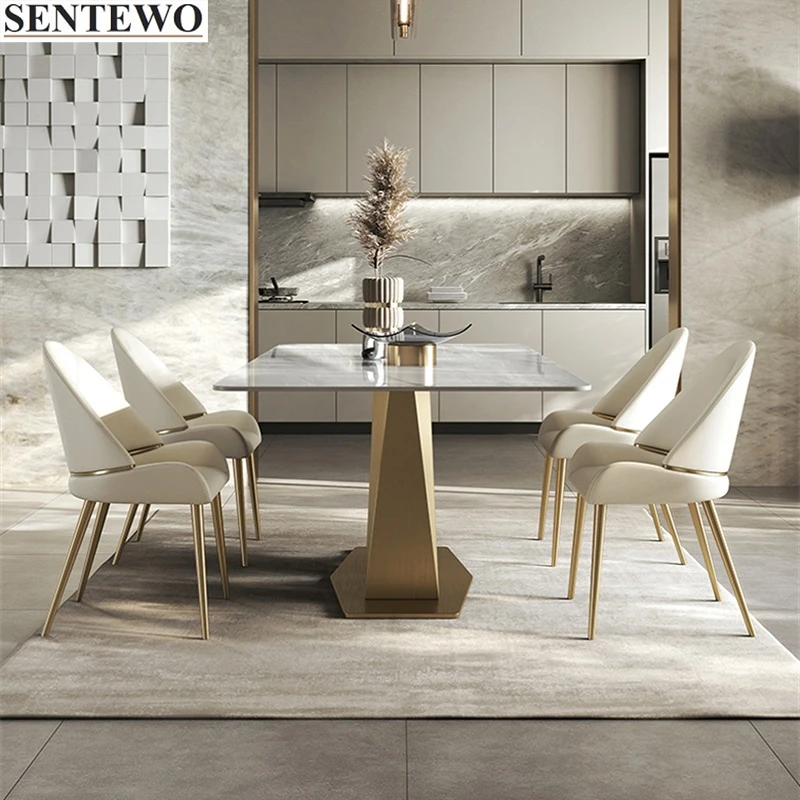 

Luxury Rock Slab Kitchen Dining Room Table Set 6 Chairs Stainless Steel Gold Base Faux Marble Table Furniture Sillas De Comedor