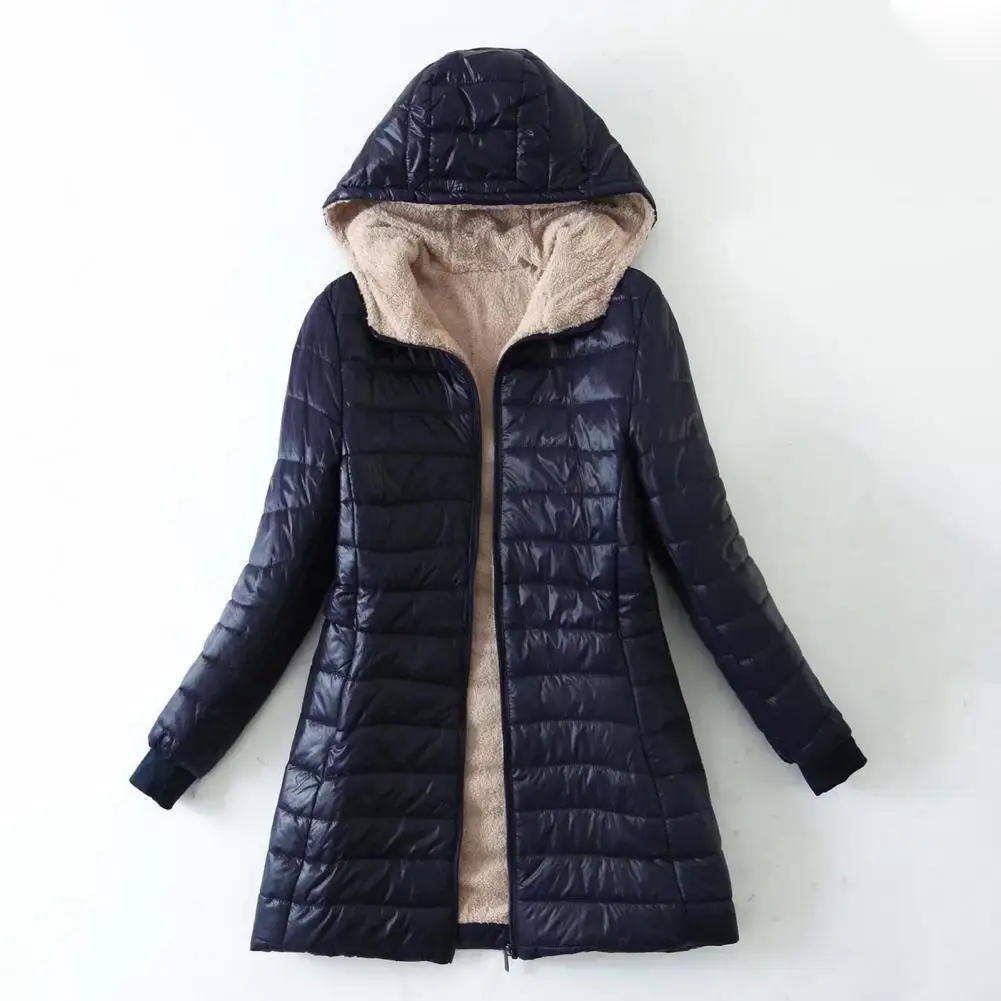 

Hooded Coat Plush Lining Solid Color Zipper Closure Slim Cardigan Keep Warm Casual Wear Autumn Winter Mid-length Jacket Women