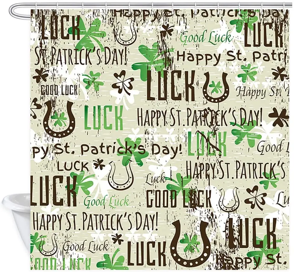 

St. Patricks Day Shower Curtain Clover Leaves and Horseshoe Good Luck Polyester Fabric Bath Bathroom Curtains Set with Hooks