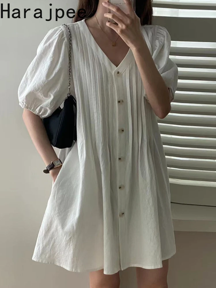 

Женское плиссированное платье Harajpee, однобортное свободное платье во французском стиле с V-образным вырезом, пышными рукавами и высокой тали...