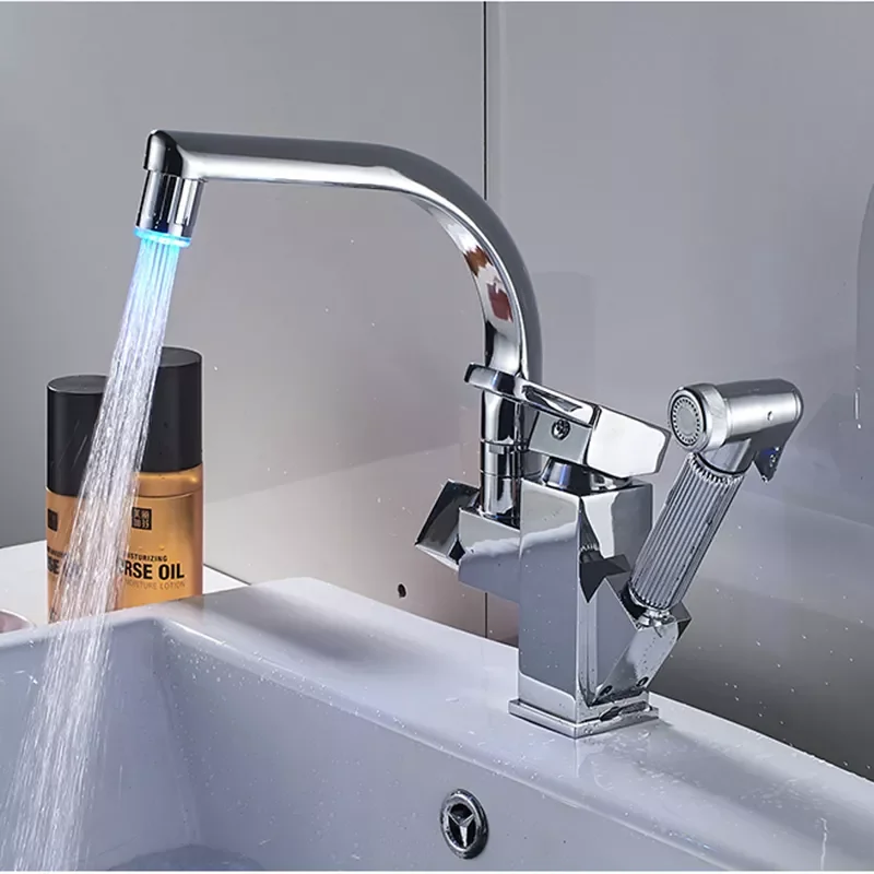 

LED Light Kitchen Faucet Mixer Tap Single Handle Two Swivel Spouts Kitchen Hot Cold Water Tap Pull Out Flushing Spray Tap