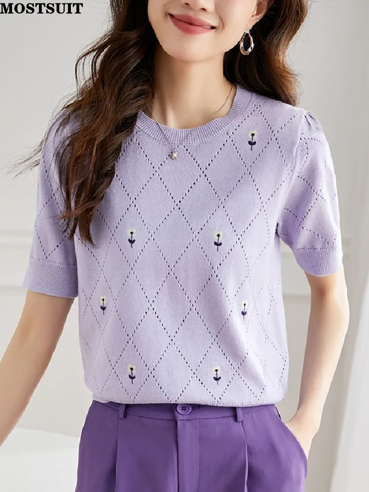

Purple Argyle Knitted Sweater Tshirt Women Flower Embroidered Short Sleeve O-neck Tees Top Elegant Stylish Fashion Knitwear 2023