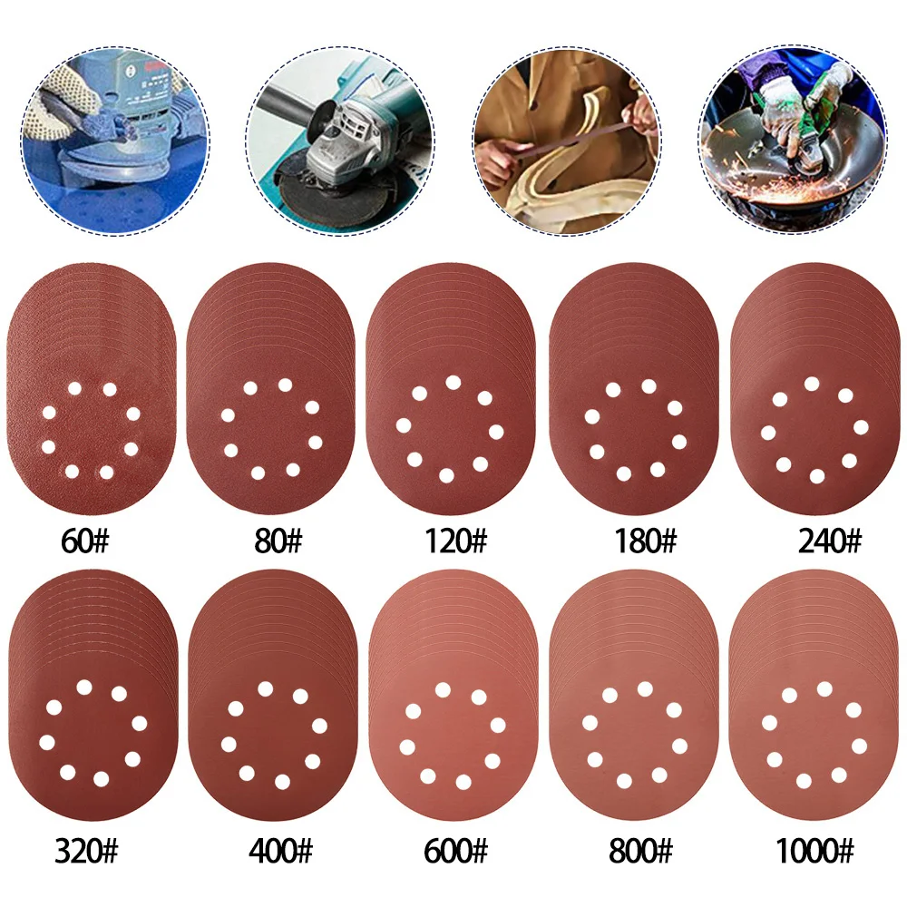 100 Шт. 125 Мм Шлифовальные Диски С 8 Отверстиями Клейкая Абразивная Бумага Крючком И