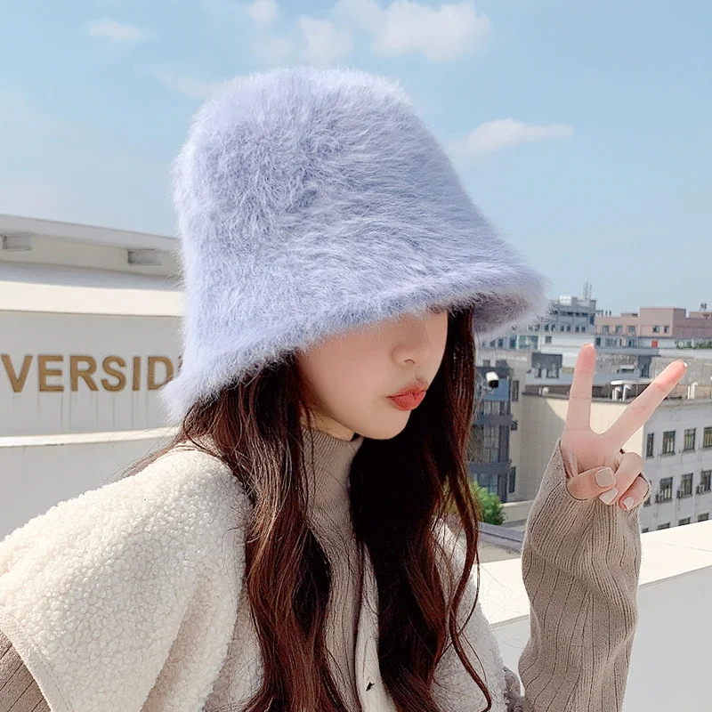 

New Solid Color Women's Autumn and Winter Rabbit Hair Warm Bucket Hat Outdoor Leisure Travel Dome s for Women