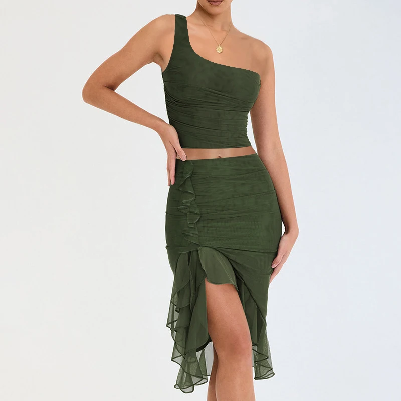 

Женский летний комплект из двух предметов, короткий топ на одно плечо без рукавов, облегающая юбка миди с оборками, Лидер продаж S, M, L