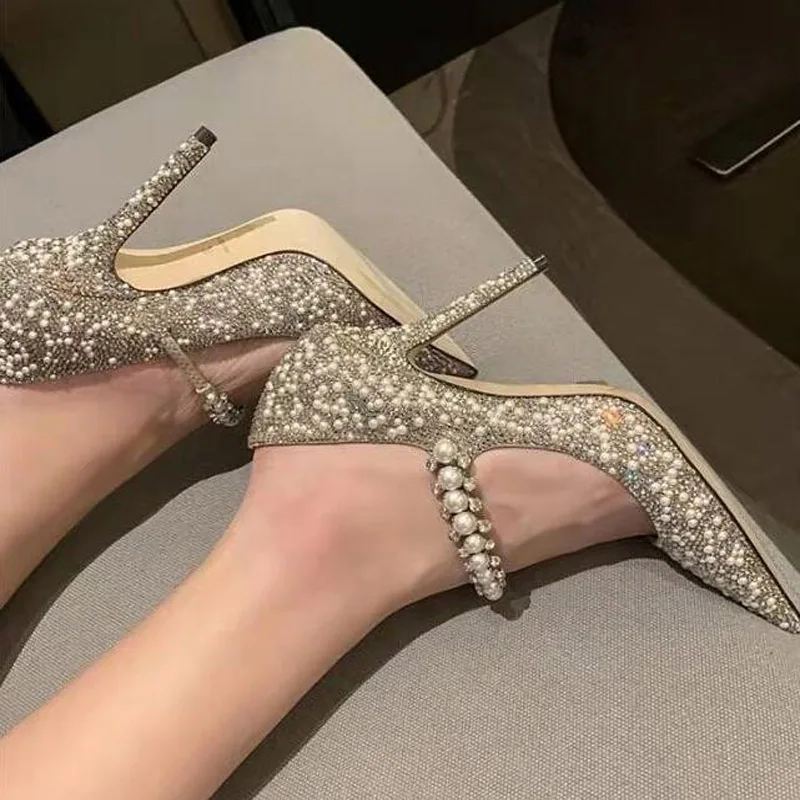 New Rhinestone 1CM/7CM/9CM High Heels Mary Jane Luxury Pumps Pointed Toe Woman Crystal Wedding Shoes Big Size 33~41