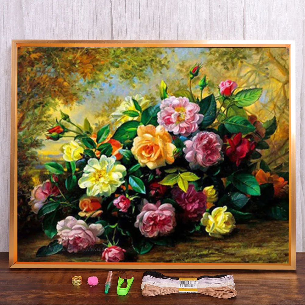 Flower Vase Rose Printed 11CT Cross Stitch DIY Embroidery Patterns DMC Threads Painting Needlework Sewing Hobby   Gift