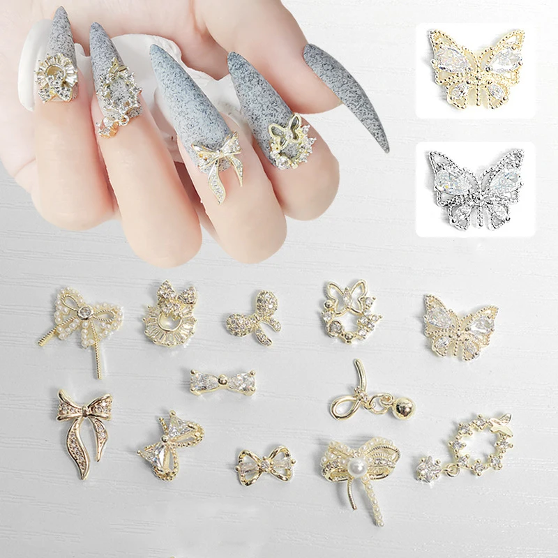 

Japanese Nail Art Zircon Jewelry 3pcs/set Bow Tie Butterfly Gold And Silver Pearl Rhinestone Nail Art Jewelry
