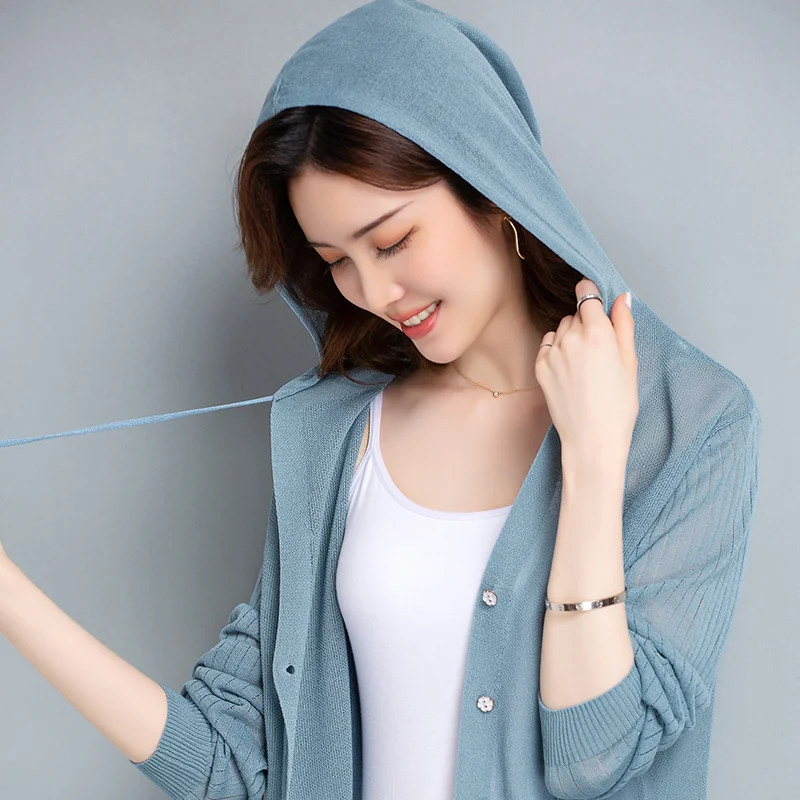 

Women Cardigan Thin Loose Knitwear 2022 Summer Female Hooded Knit Outwear Ladies Single Breasted Sun Protetction Knit Coat