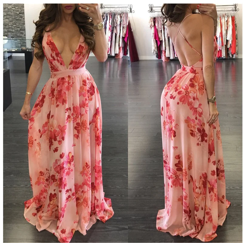 

Print Floral Loose Boho Deep V Neck Backless Long Women Dress Summer 2021 Maxi Dresses Vestidos Sexy Back Cross Beach Dresses