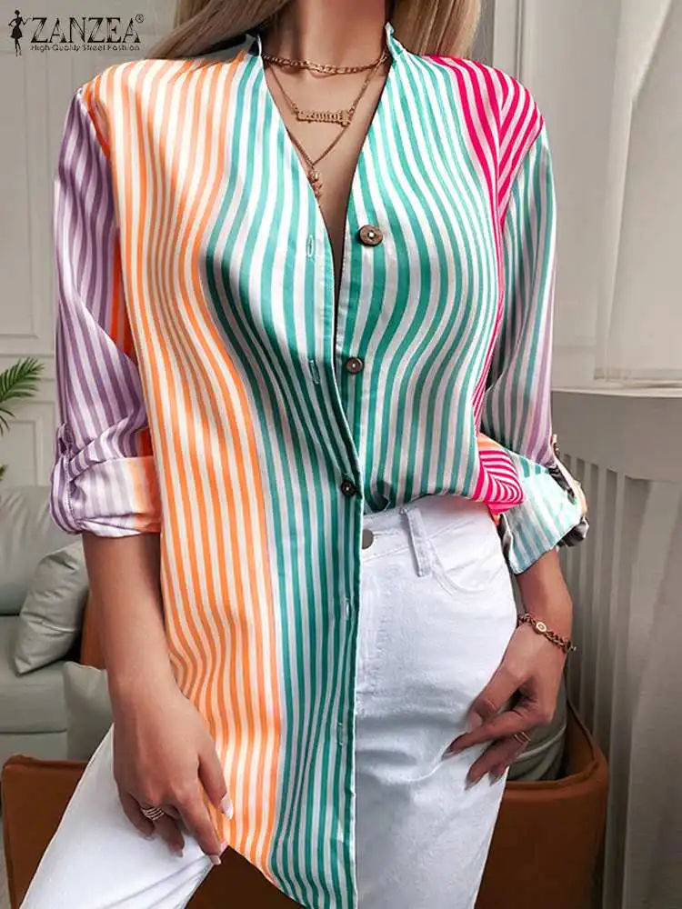 

ZANZEA богемные блузы с длинным рукавом женские модные праздничные пляжные Топы полосатые пуговицы стоячий воротник красочные длинные рубашк...