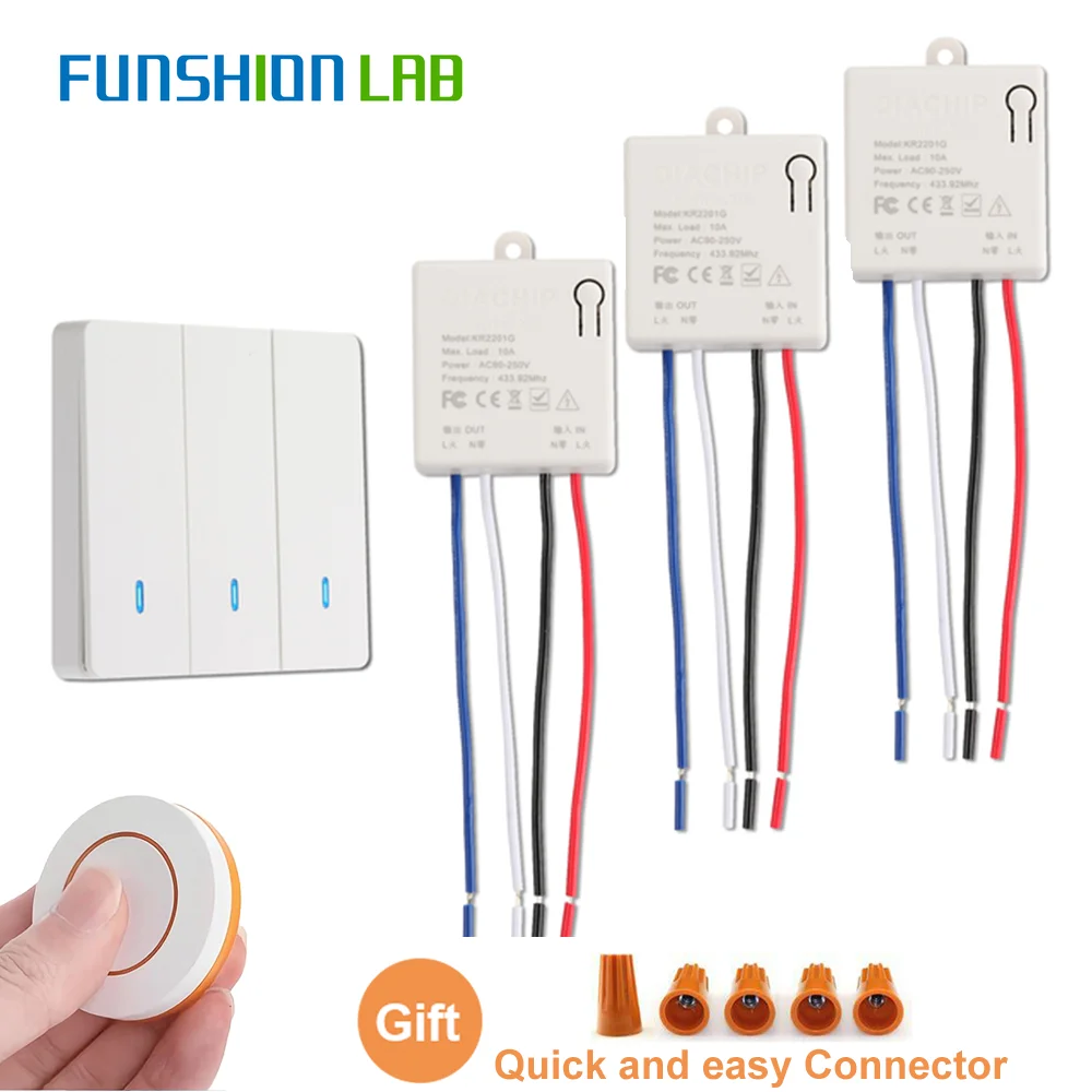 

FUNSHONLAB Wall Switch RF 433Mhz AC110V 220V Wireless Smart Remote Control Mini Relay Receiver Fan Light