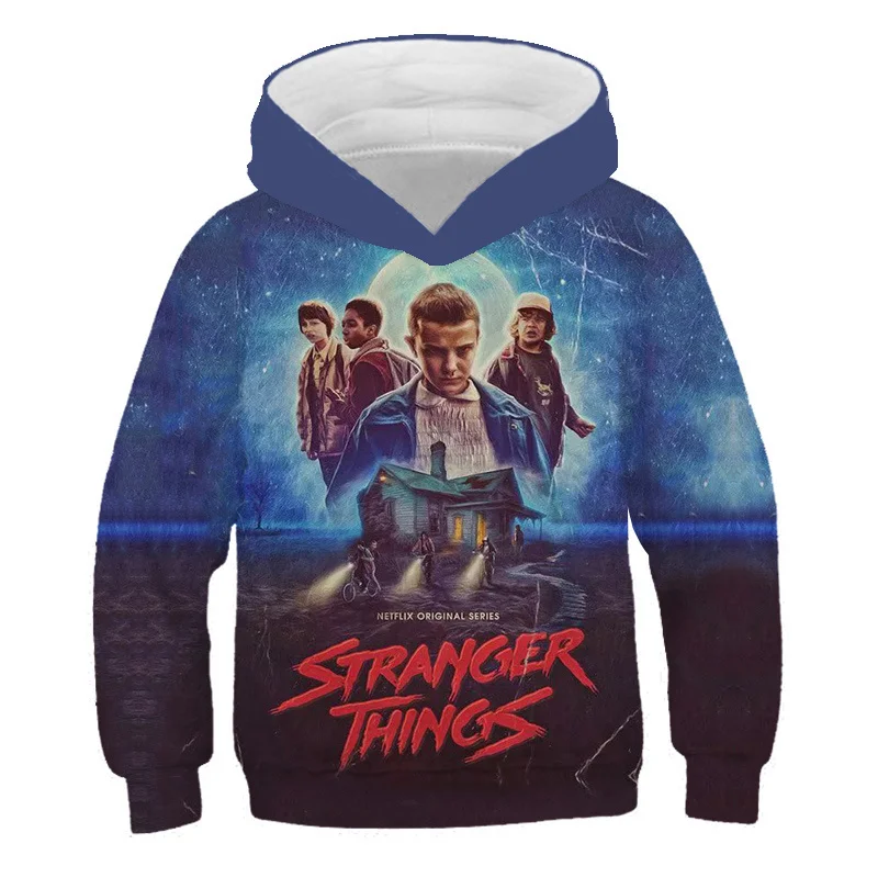 

Cartoon Print Hoodies Baby Boys Stranger Things 4 Pullovers for Autumn Hellfire Club Long Sleeves Sweatshirt Kids Clothes Tops