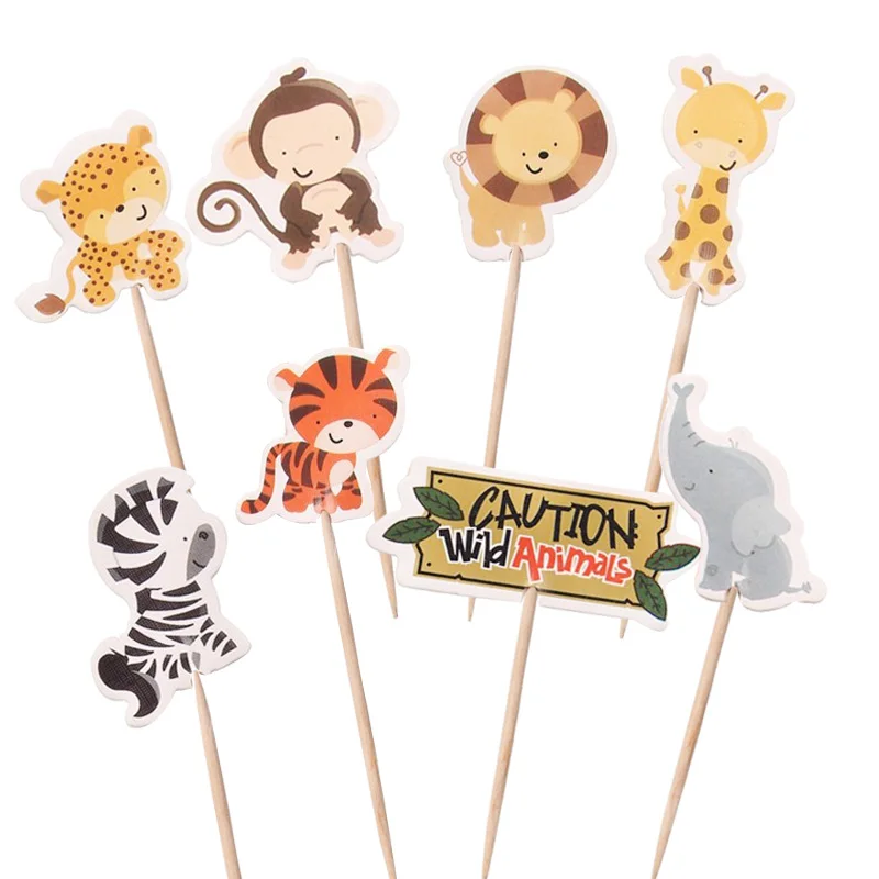 

24pcs/lot Safari Jungle Animal Cupcake Toppers Picks Happy Birthday Party Decoration Kids Baby Shower Favors Cake Decoration