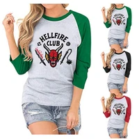 new fall womens raglan sleeves casual hellfire club ribbed three quarter sleeves vintage round neck ladies lettering bottoming