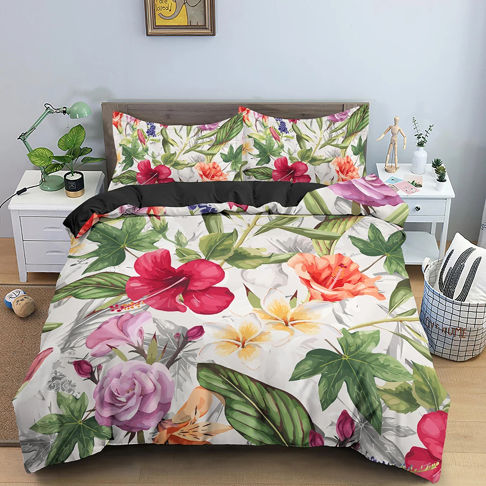 

Floral Print King Size Bedding Set Luxury Queen Duvet Cover Set Leaves and Flower Quilt Set for Adult Kids Bedding