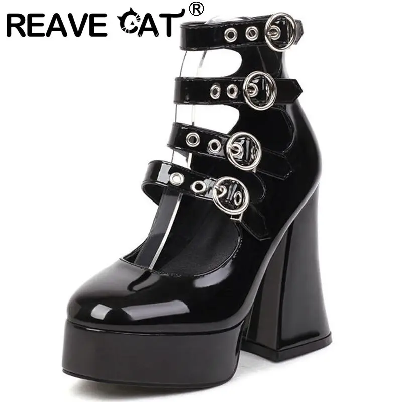 

REAVE CAT Fashion Women's Pumps Round Toe Thick Heels Buckle Straps Rome Platform Plus Size 35-43 Solid Black Pink Spring S3597