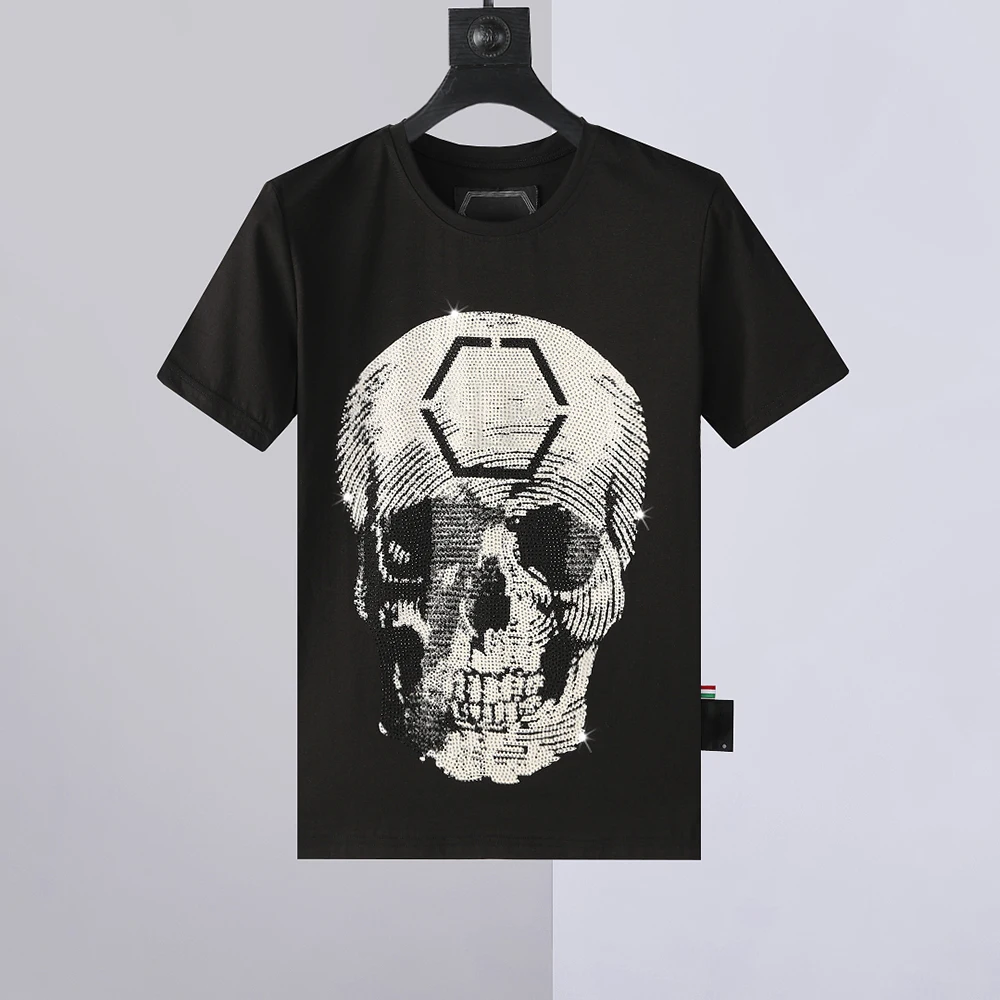

2022 summer new short sleeved men's cotton skull hot diamond top slim fitting T-shirt European fashion trend o-Neck uomo plein