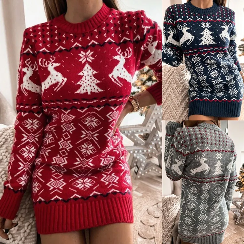

New Christmas Sweater Tight Sexy Christmas Theme Jacquard Long Sleeve Knitted Dress
