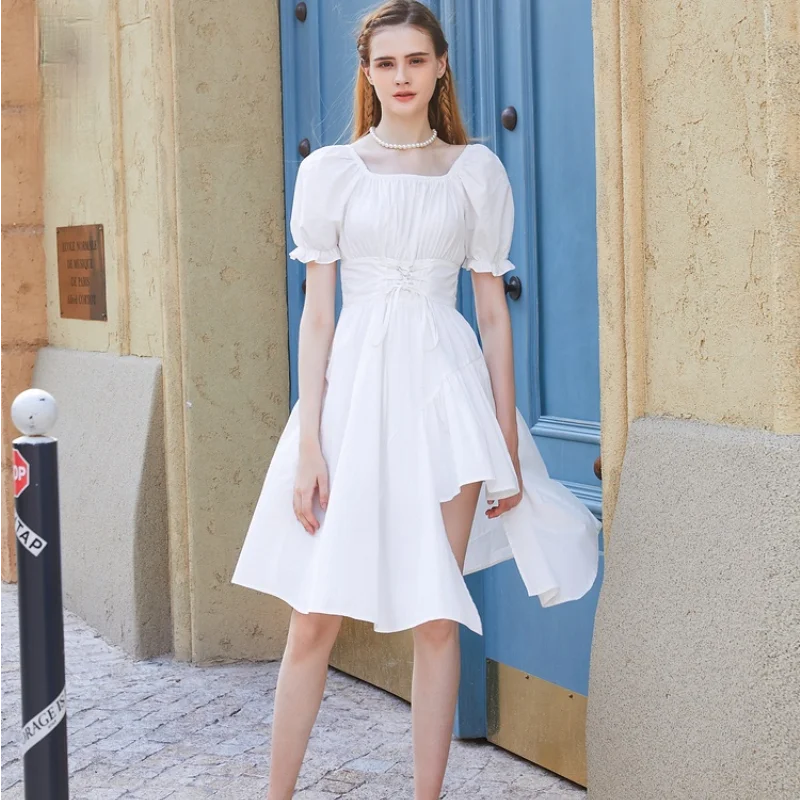 

Fashion White Dress Women Summer Elegant Vintage Kawaii Puff Sleeve Midi Dress Square Collar Bandage Sundress Goth Outfits New