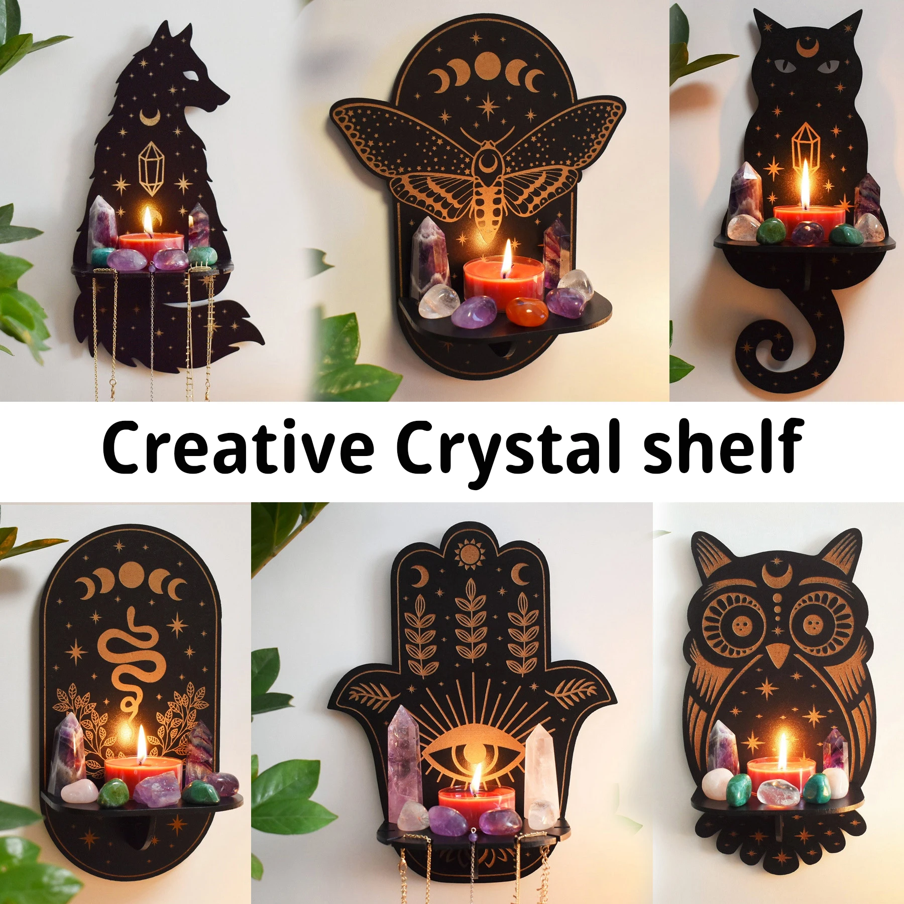 Halloween Sun Moon Luna Wolf Cat Altar Crystal Shelf PVC Room Candle Stand Crystal Wall Holder Storage Rack Boho Ramadan Decor