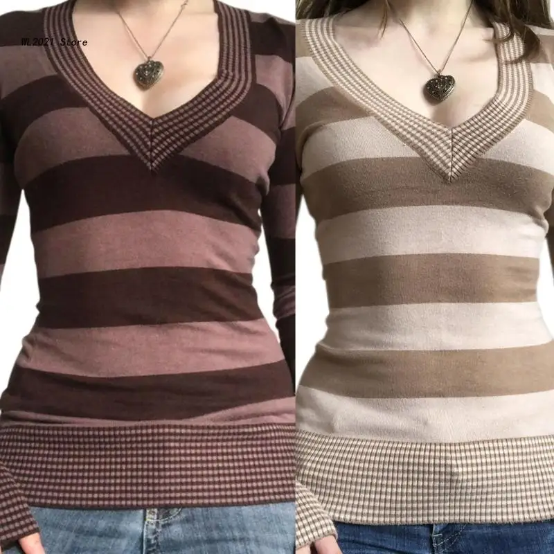 

Women Long Sleeve Sweater Knit Pullover Shirts Casual Sweater Female Peach-heart Neck Striped Fashion Tops