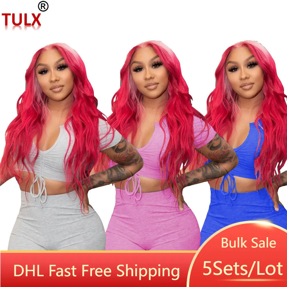 

5sets Bulk Wholesale Solid Pit Shorts Set Women Half Open Collar Drawstring Shirt Crop Tops +Shorts Outfits Activewear Suit 9474