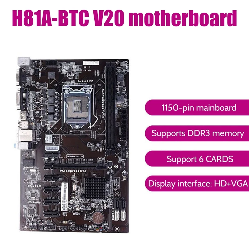 Материнская плата H81A для майнинга BTC + 4-контактный кабель SATA LGA1150 DDR3 ОЗУ слот 6 PCIE