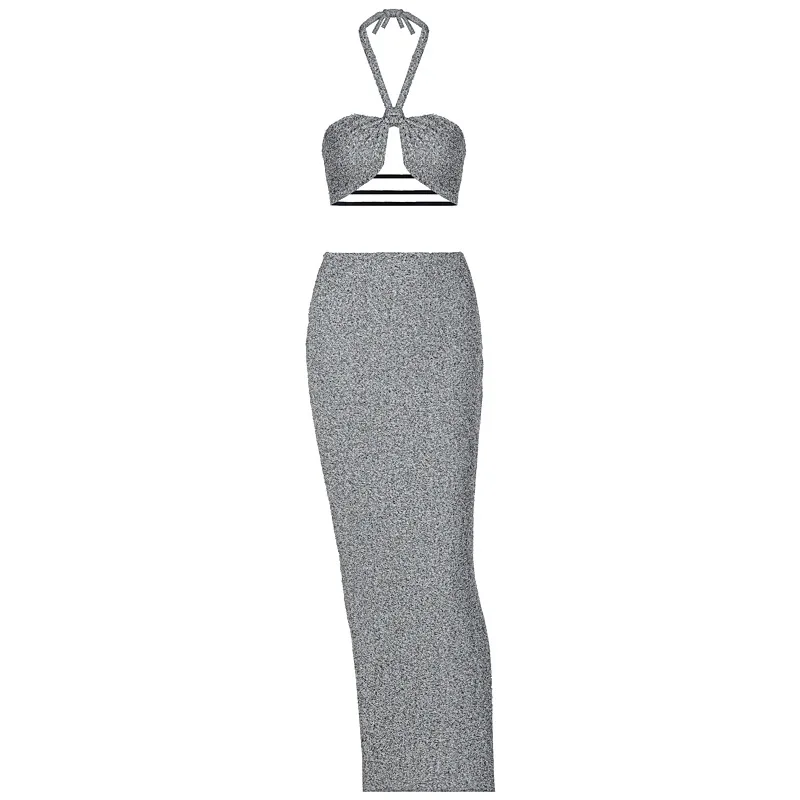 

Sexy Women's Short Skirts Women's Sexy Halter Backless Tie Rope Vest Solid Color High Waist Long Skirt Set Free Shipping