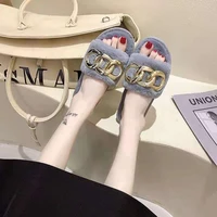 design chain metal lady indoor fluffy slides indoor plush women shoes ins hot sale 2022 new womens fur furry slippers