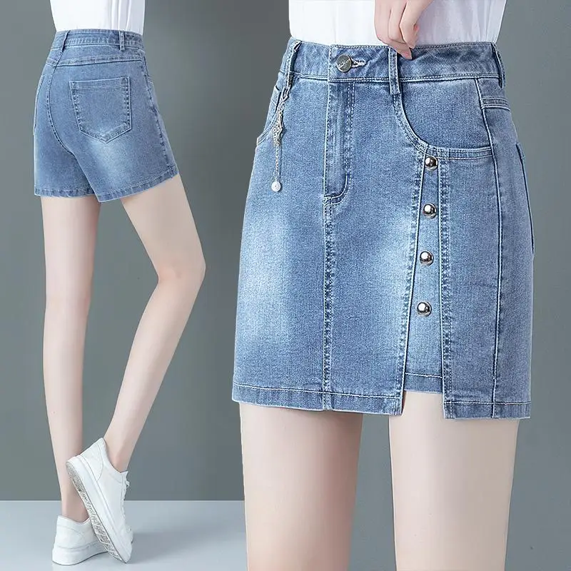 

2022 Summer Women New Solid Color Denim Skirt Shorts Female Streetwear Jeans Skirts Ladies High Waist Slim Slit Shorts O167