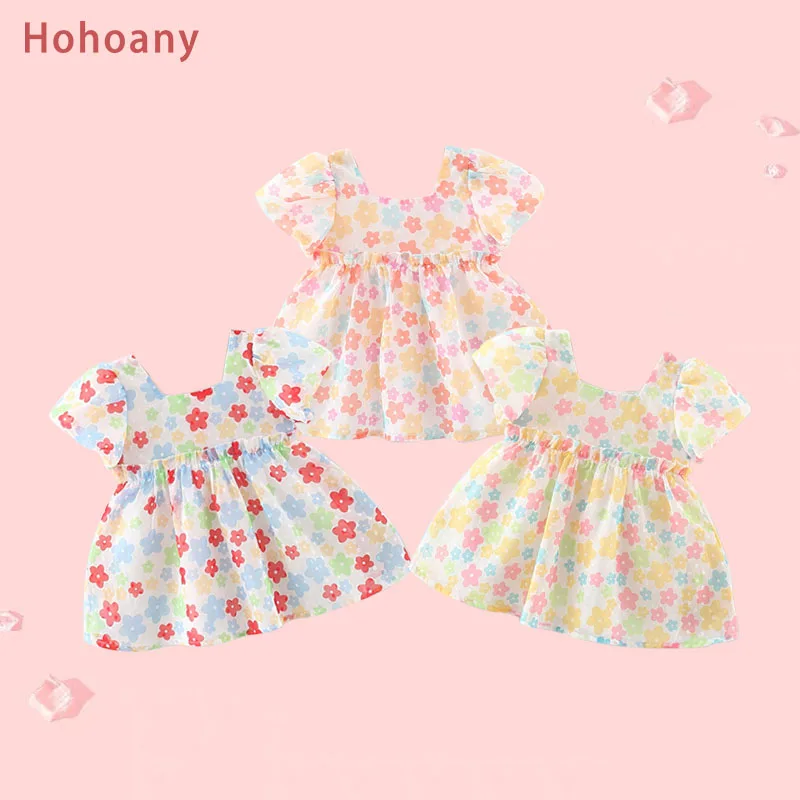 Hohoany Summer New Baby Girl Puff Sleeve Dress Sweet Flower Thin Toddler Children Clothes Party Princess Costume For 0 to 3 T