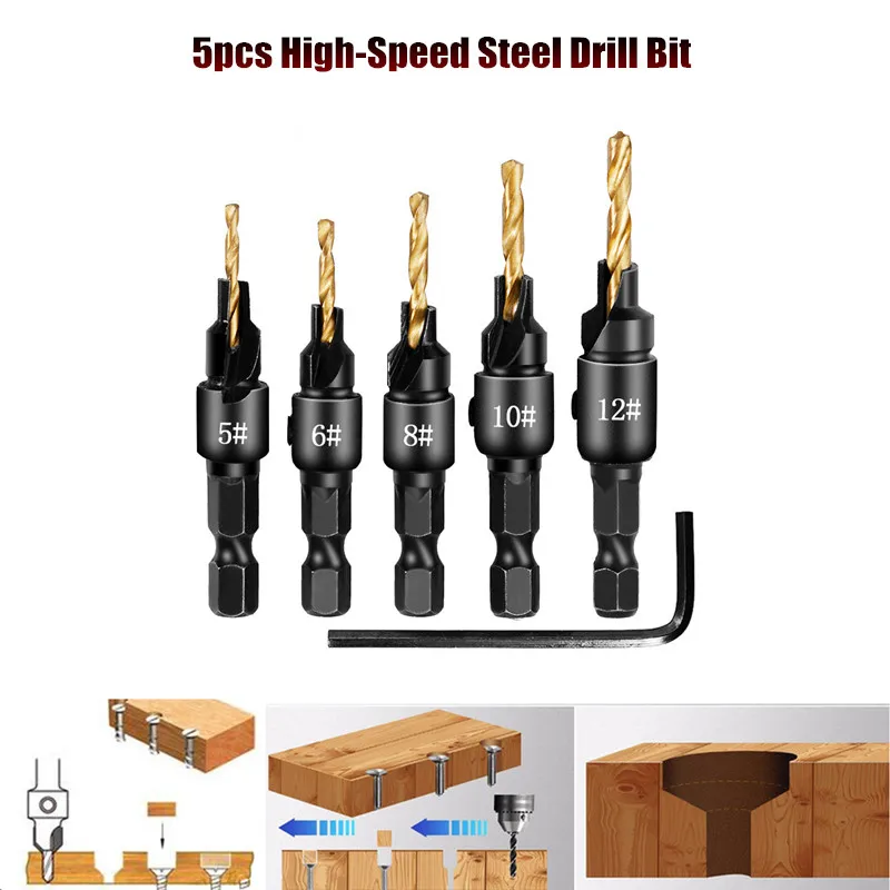 

5pcs Drill Bits Countersink Drill Woodworking Drill Bit Set Wood Cutters Drilling
