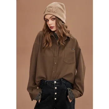 Women's Clothing Shirt Spring Brown Shirt Fake Two Pieces Corduroy Fashion Vintage Female Long Sleeve Chic Casual Blouse Tops 2