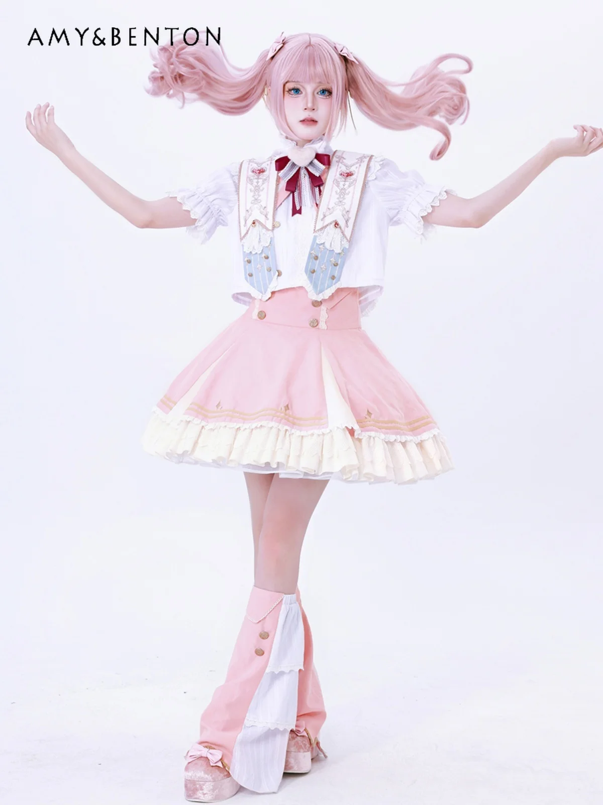 Милая юбка в стиле &quotЛолита&quot Короткая рубашка с бантом и короткими рукавами