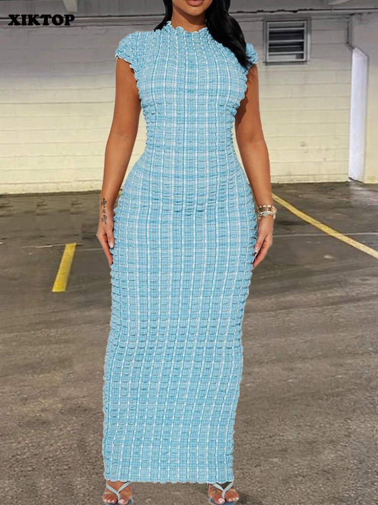 

XIKTOP Waffle Maxi Dress Women Summer Fashion Popcorn Fabric Elegant Slim Solid Bodycon Dresses Casual Street Outwear 2023