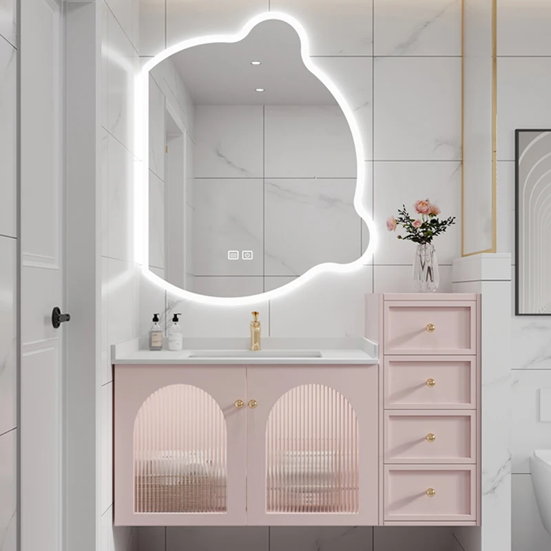 

Шкафчик для ванной комнаты с искусственным дизайном Роскошные шкафы для ванной комнаты в Северную Европу розовая умная Раковина Под заказ