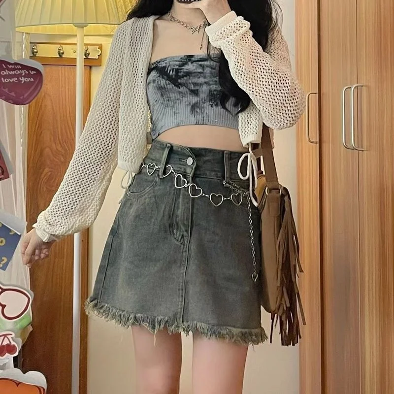 

Джинсовые юбки для девочек Y2K, модная женская мини-юбка в форме сердца, летняя женская винтажная короткая уличная одежда в эстетике, школьница