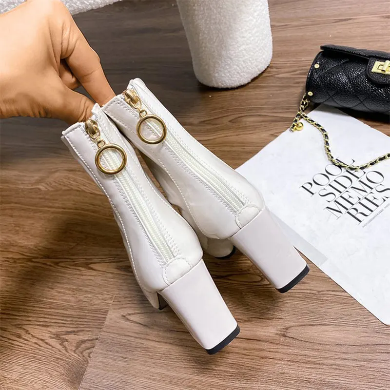 2022 New Winter Women Ankle Boots Female Patent Leather Block High Heels Shoes Ladies Soild Square Toe Keep Warm Fashion Booties