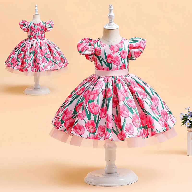 Costume 2022 New Girl Vestido Flower Print Puff Sleeve Princess Dresses Children Kid Mesh Evening Dress Party Dress 4-7 Year Old